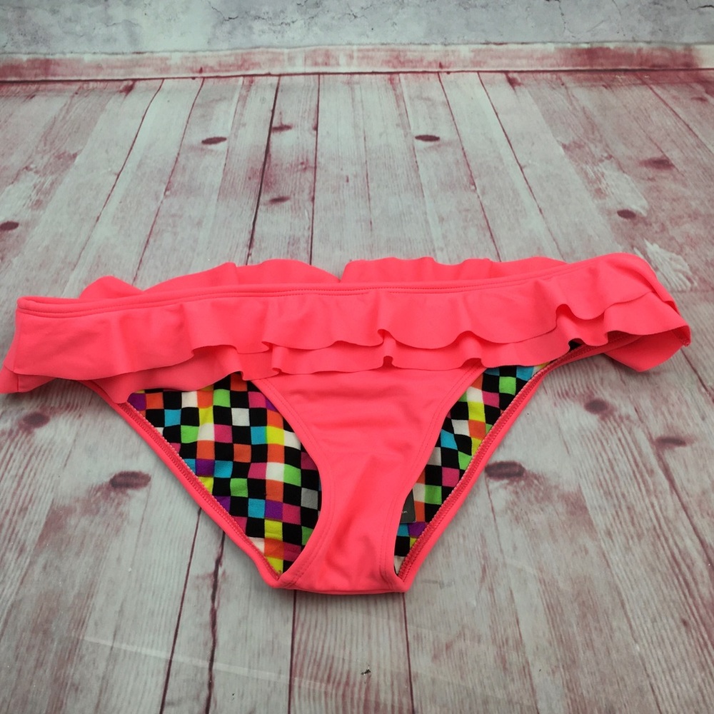 ➡️NWT Roxy Ruffled Hot Pink Milti-Checked Lining Bikini Bottom Size Medium